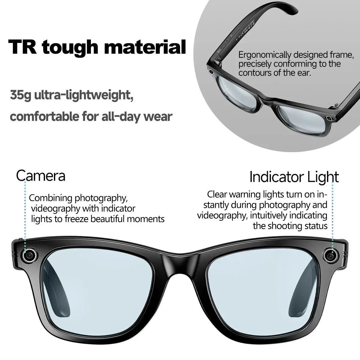 KPEP 4K AI Smart Glasses with Camera Bluetooth Headphones Music Player Voice Assistant AI Translation for Men Women