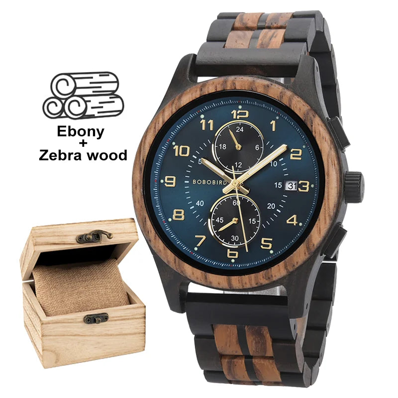 BOBO BIRD Men Watches 44mm Luxury Quartz Watch Lightweight Wooden Case and Straps Watches for Casual Support Customize Gift Box