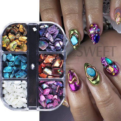 6 Grids Abalone Shell Flakes Nail Art Decoration 3D Charms Irregular Seashell Fragment Aurora Slices DIY Manicure  Accessories
