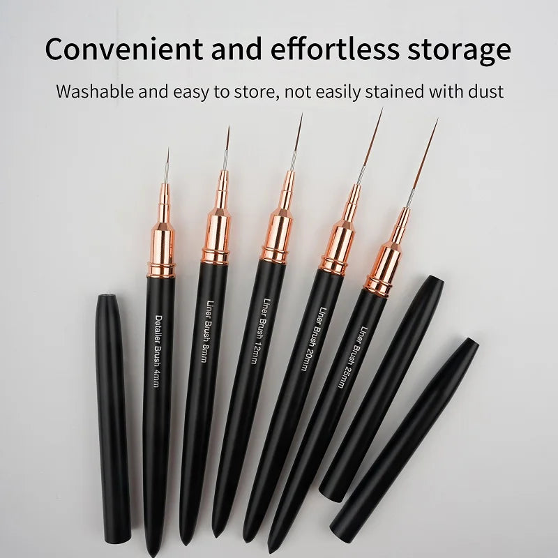 Black Nail Art Liner Brushes 5Sizes Painting Nail Design Pen /8/12/20/25mm Drawing Tool for Long Lines Thin Details Manicure Pen