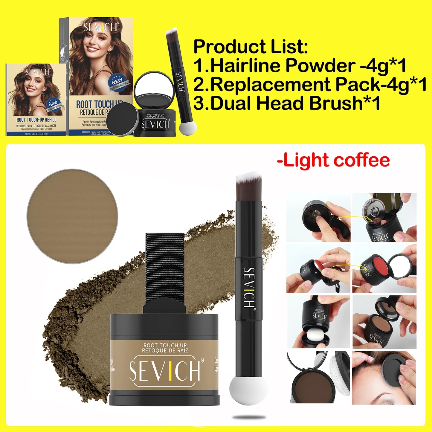 SEVICH Replaceable Hairline Powder Kit Refill Hairline Shadow Powder Root Cover Up Hair Concealer Double Ended Makeup Brush