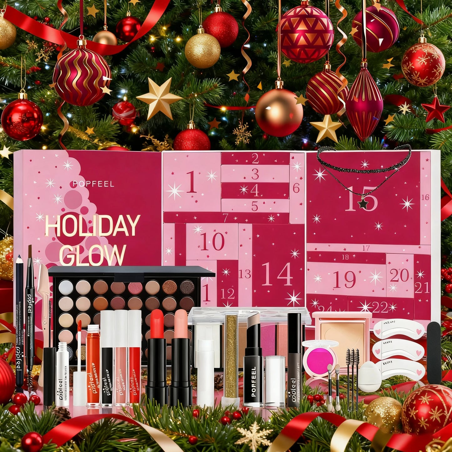 Christmas Countdown Gift Box Makeup Set with Earth-toned Eyeshadow, Lip Gloss, Lipstick, Perfect for Beginners, Birthday Gifts