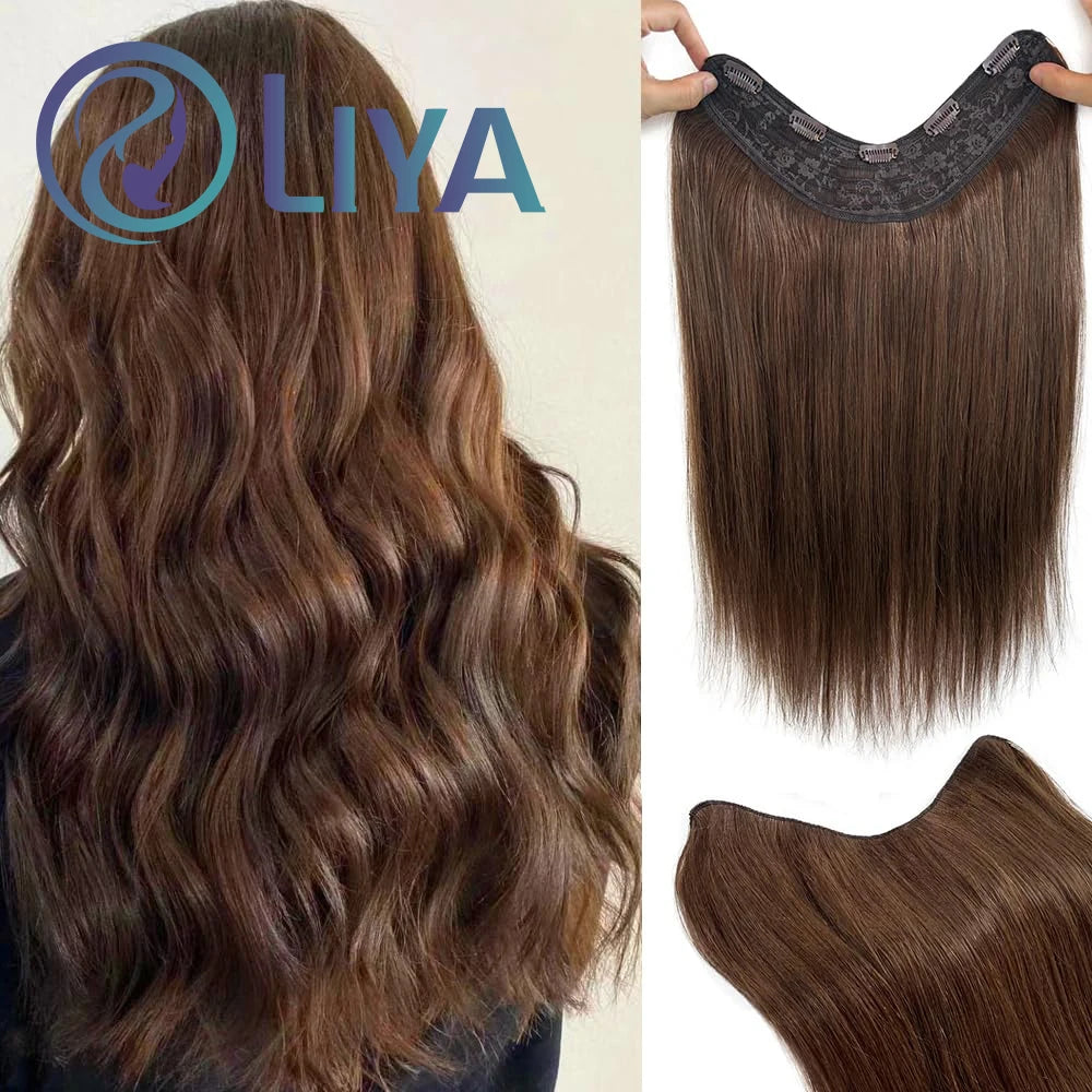 One-Piece Clip In Human Hair Extensions 1 Piece 5 Clips 3/4 Full Head #4 Medium Brown Straight Clip In Human Hair Extensions