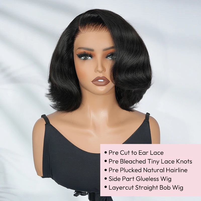 Alipearl Hair Layercut Straight 13x4 Side Part Lace Front Wig Glueless C Part Short Bob Human Hair Ready To Go Wigs 180% Denisty