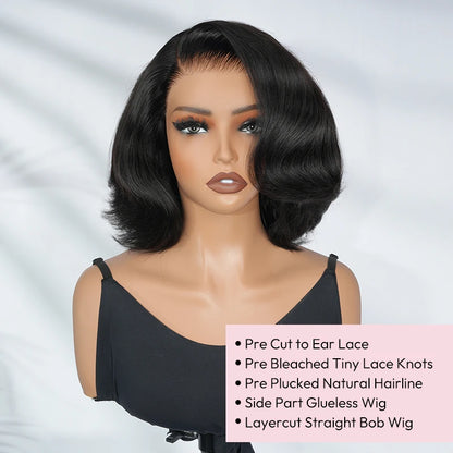 Alipearl Hair Layercut Straight 13x4 Side Part Lace Front Wig Glueless C Part Short Bob Human Hair Ready To Go Wigs 180% Denisty