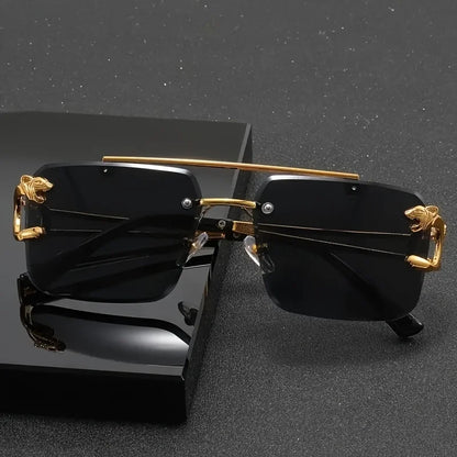 Vintage Luxury Golden Fahsion Glasses Cool Tiger Stand Women's Frameless Black For Men And Women Outdoor Travel Anti Glare Glass