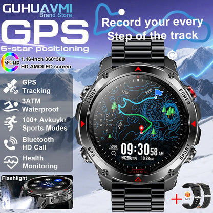 2025New Outdoor Military Smart Watch Bulit-in GPS Compass Altimeter Barometric 3ATM Waterproof AMOLED Bluetooth Call Smart Watch