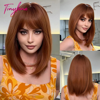 Light Brown Blonde Synthetic Wigs with Bangs for Women Short Bob Daily Straight Wigs Fake Hair Cosplay Halloween Heat Resistant