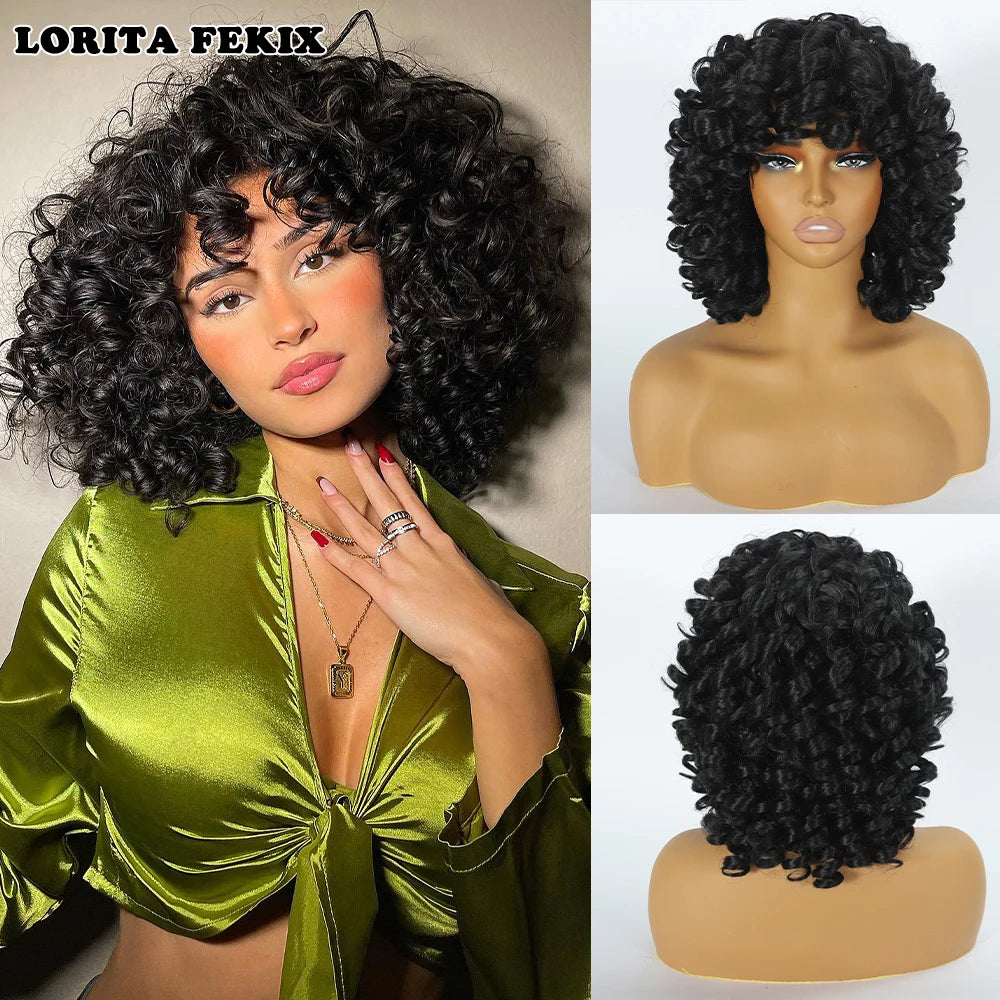 Short Loose Red Curly Wig for Black Women Curly Afro Wig with Bangs Synthetic Fiber Natural Looking Glueless Hair for Daily Wear