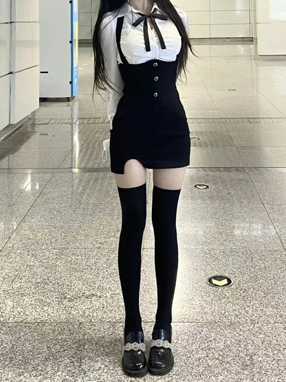 American Style Women's Spring Summer New 2023 Pleated Shirt Collar Tie Backless Hip Package Dress 2-piece Set China Origin