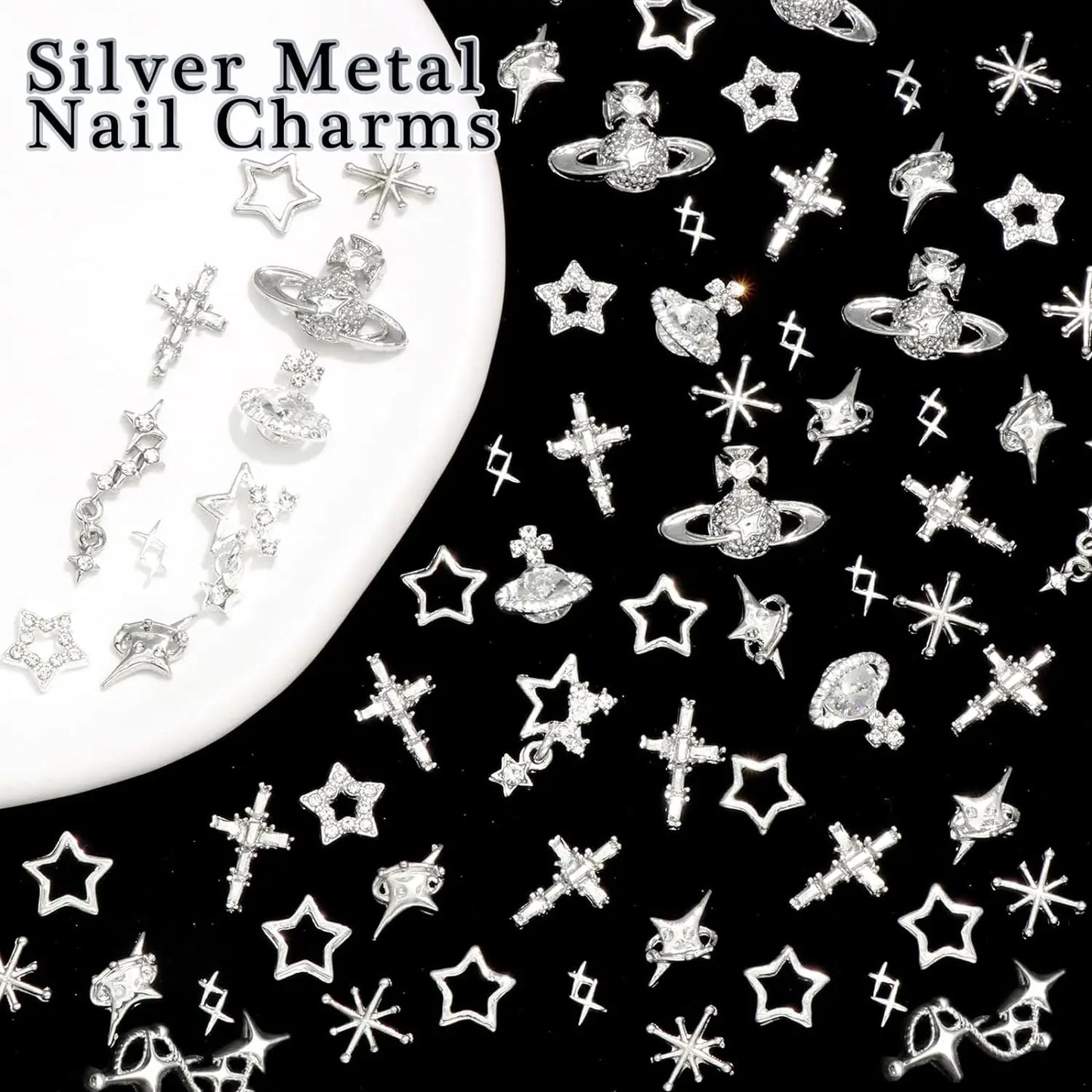 75PCS Cross Nail Charms Silver 3D Star Charms and Gems Saturn Planet Nail Art Jewelry Multi Style Nail Rhinestones for Nails
