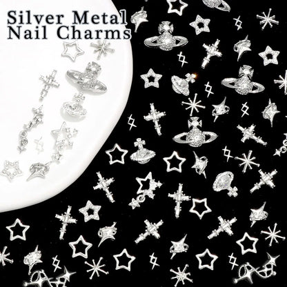 75PCS Cross Nail Charms Silver 3D Star Charms and Gems Saturn Planet Nail Art Jewelry Multi Style Nail Rhinestones for Nails
