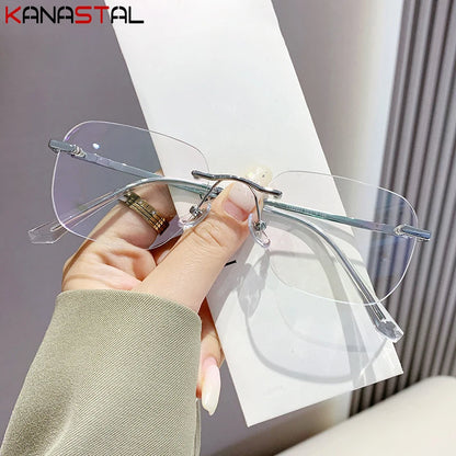 Men Titanium Rimless Eyeglasses Frame Blue Light Blocking Lenses Women Anti Fatigue Glasses Prescription Myopia Reading Eyewear
