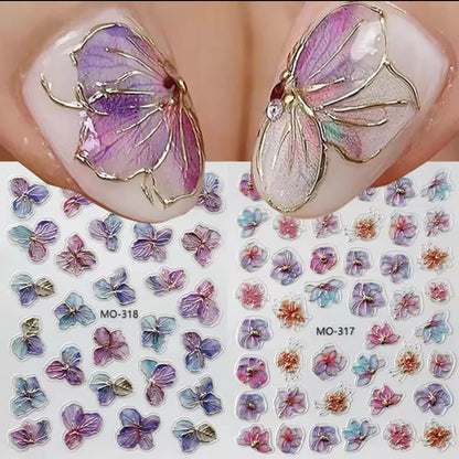 5d Embossed Nail Art Stickers Golden Lines Semi-Transparent Purple Blue Flowers Decals Decorations For Nail Tips Manicures