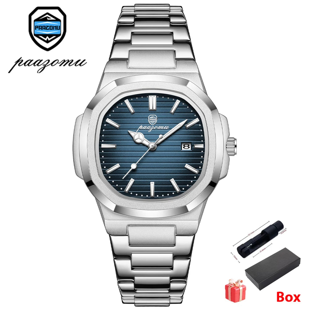 POEDAGAR Luxury Men's Quartz Watch - Waterproof Stainless Steel High Quality Fashion Clock with Date And Week Display Reloj+Box