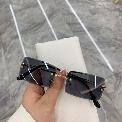 Vintage Fashion Rimless Sunglasses for Women Frameless Rectangle Shades Gradient UV400 Summer Traveling Sun Glasses for Womenn