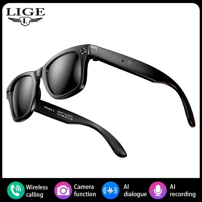 LIGE Smart Glasses with Camera Bluetooth Call Music Touch Sunglasses AI Voice Assistant Video Sound Record Anti-Blue UV Glasses