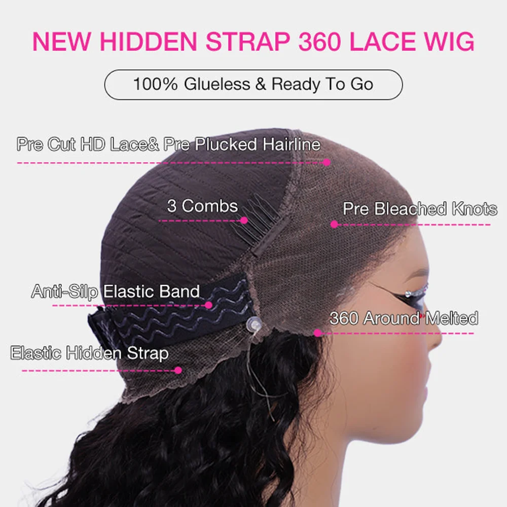 250 Density Invisi Strap 360 Full HD Lace Frontal Kinky Curly Wig Black Human Hair Drawstring Snug 30 inch Water Wig Glueless