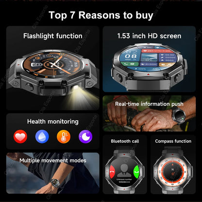 T-Rex 3 GPS Smart Watch 5ATM Waterproof 1.43 inch AMOLED HD Screen BT Call Flashlight Military Sport Smartwatches Men 2025 New