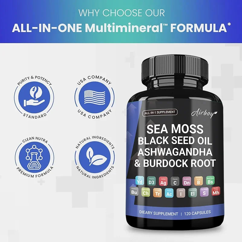 Sea Moss,Black Seed Oil,Ashwagandha & Burdock Root - Promotes Digestion, Bone and Joint Health