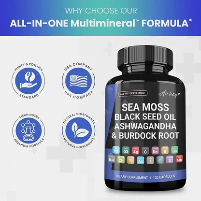 Sea Moss,Black Seed Oil,Ashwagandha & Burdock Root - Promotes Digestion, Bone and Joint Health