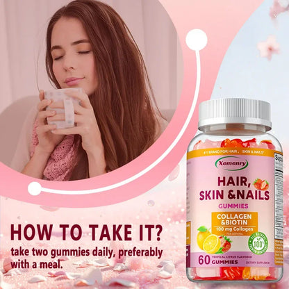 Hair, Skin & Nails Gummies - Supports Hair Growth, Strengthens Nails, Promotes Radiant Skin, Powerful Antioxidant