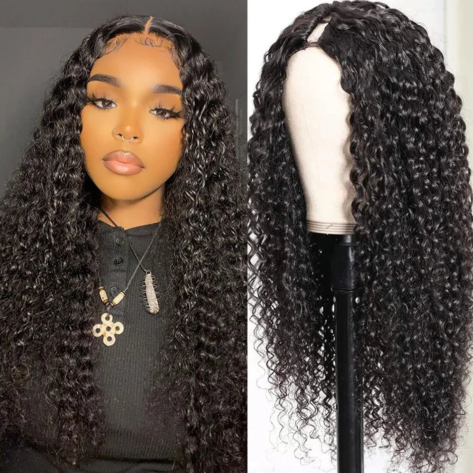 V Part Water Wave Wig Human Hair No Leave Out Machine Made 32 Inches Wet and Wavy V Part Human Hair Wigs For Women Natural Color