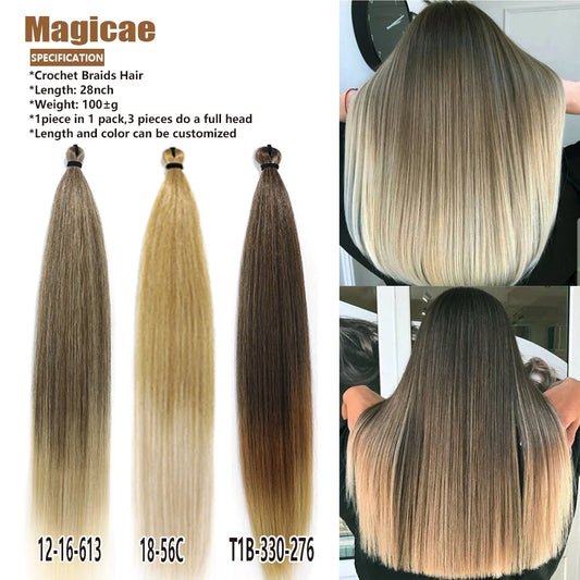 Magicae 28Inch Straight Hair Bundles 3Pcs Crochet Braids Synthetic Ariel Straight Fake hair Ombre Blonde Crochet Hair Extensions