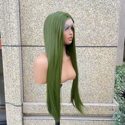 Grass Green 13x4 Synthetic Lace Front Wig for Woman Natural Hairline Long Silky Straight Wig 26 Inch High Quality Glueless Wig