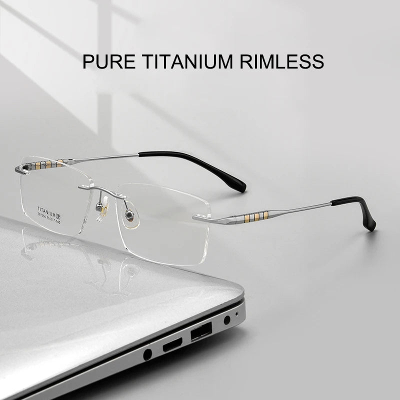 Fashion Square Ultra Light Pure Titanium Optical Prescription Rimless Eyeglasses Frame Luxury For Men Large Size Eyewear S97356
