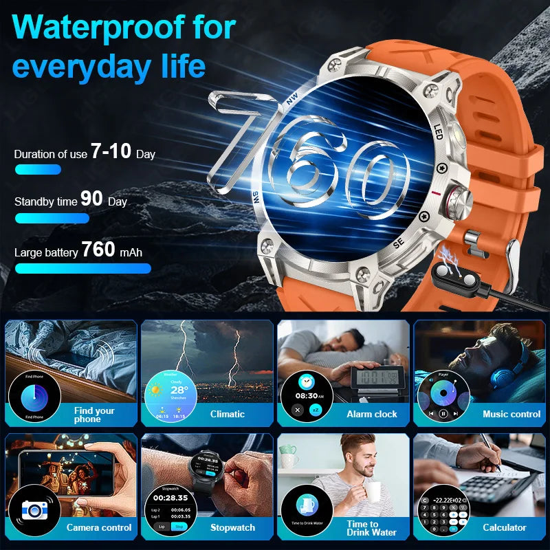 LIGE Outdoor Flashlight Smart Watch 1.85" HD Large Screen GPS Compass Bluetooth Call Fitness Sports IP68 Waterproof Smart Watch