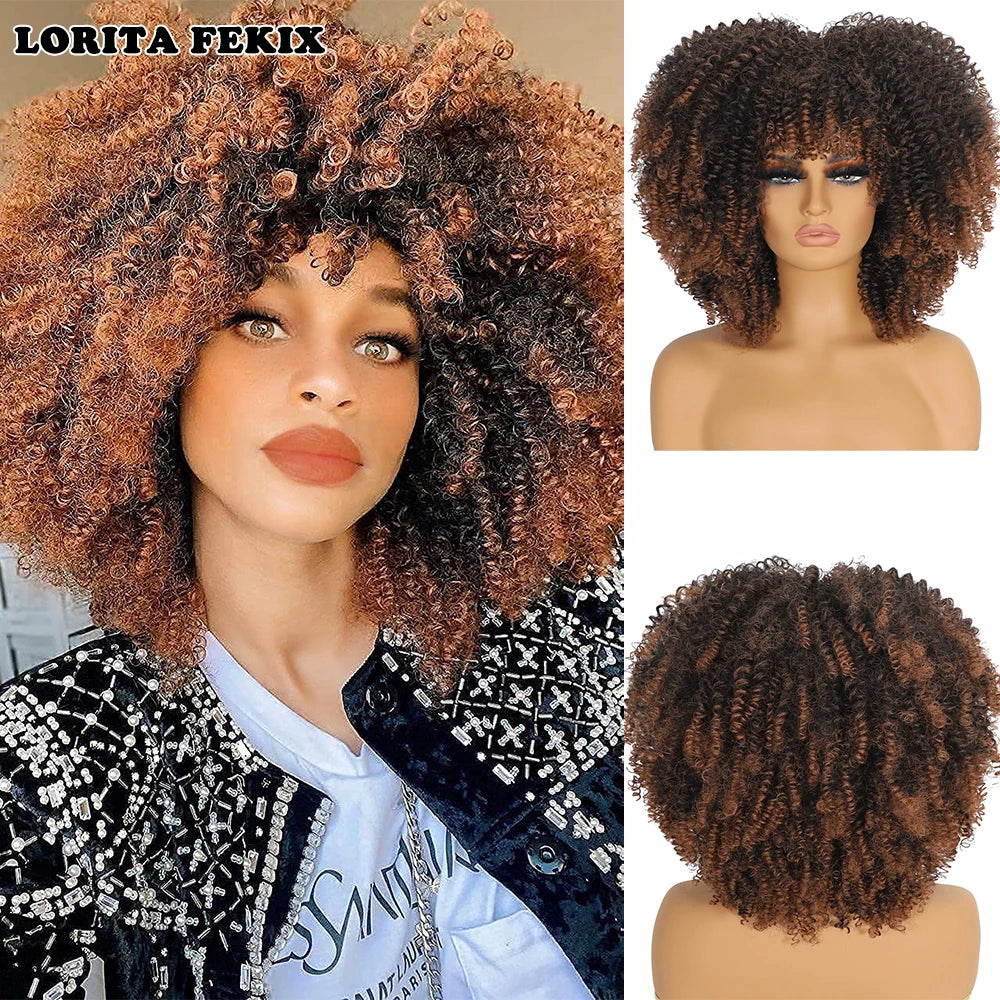 Curly Afro Wigs for Black Women Synthetic Afro Kinky Curly Wig with Bangs Heat Resistan Short Kinky Curly Wigs for Daily Party