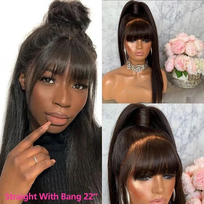 360 Full Lace Frontal Wig Fringe Straight Lace Front Wig Raw Human Hair Wigs With Bang Glueless Brazilian Wigs On Sale Clearance