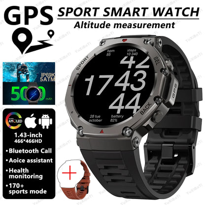 2025 Military Smart Watch for Men Bluetooth Call 5ATM Waterproof Built-in GPS Compass Barometric Altimeter Sports Watches