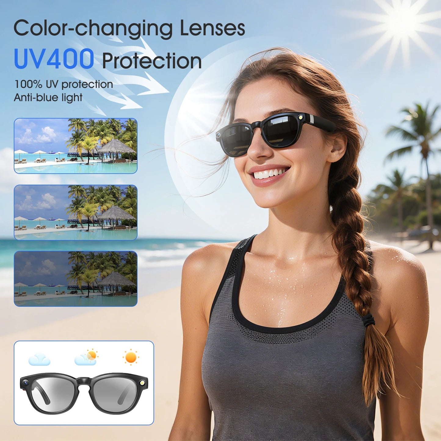 8MP Camera Glasses, AI Smart Glasses with Real-Time Translation & Object Analysis | HD 1200P 4K Video Recording, No WiFi Needed