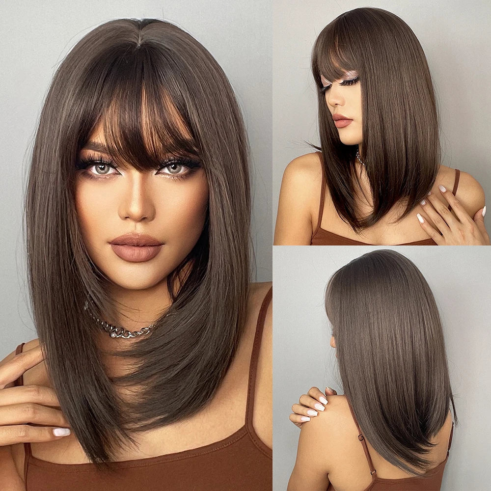 Medium Length Straight Wigs Gray Layered Synthetic Wigs With Bangs For Women Party Cosplay Natural Heat Resistant Fake Hair