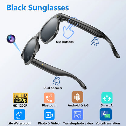 AI Smart Glasses Bluetooth Call Translator 800W Camera Sunglass Lenses Audio Built-in Mic Speakers  Voice Assistant Control