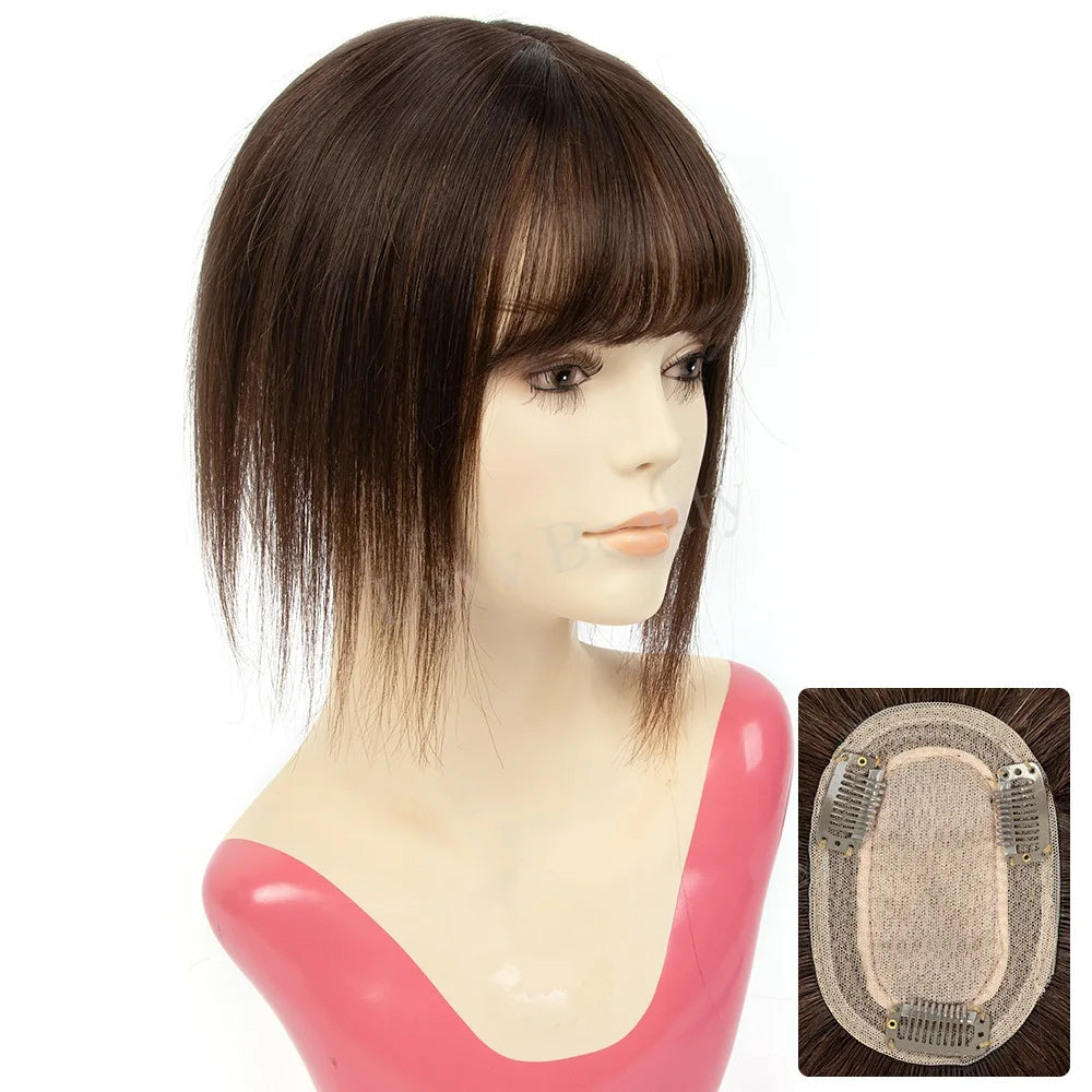 Natural Brown Human Hair Topper With Bangs Women 8X12cm Black Highlights Blonde Skin Scalp Clip in Topper Hair Pieces Human Hair