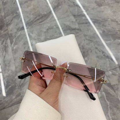 Vintage Fashion Rimless Sunglasses for Women Frameless Rectangle Shades Gradient UV400 Summer Traveling Sun Glasses for Womenn