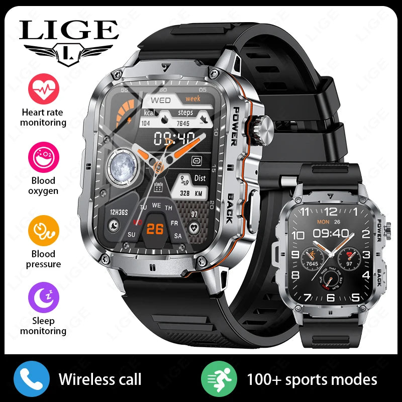 LIGE 2025 Rugged Military Smart Watch Men Outdoor Watches lP68 Waterproof 1.95" Al Voice BT Call Man Smartwatch For Android IOS