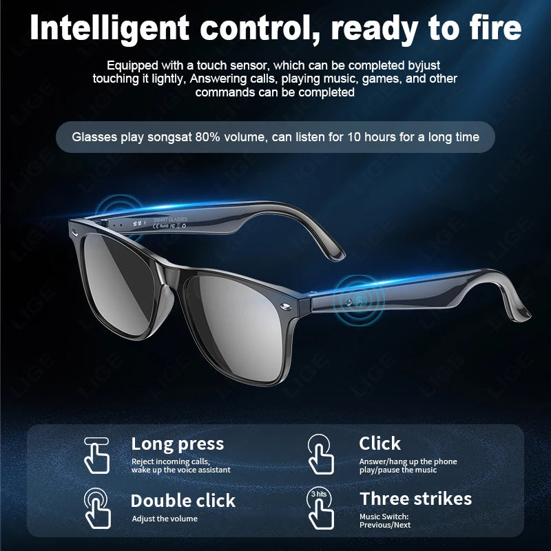 LIGE New Ai Smart Sunglasses Men Women 2 in 1 UV Protection Portable Polarized Anti-blue light Wireless Bluetooth Call Glasses
