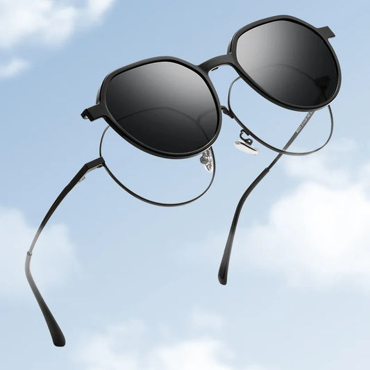 Trendy Polarized Clip On Sunglasses Titanium Alloy Glasses Frame Women Optical Round Sunshades Eyewear