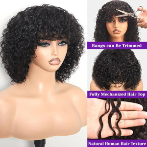 Short Curly Bob Wig Human Hair Water Wave Glueless Human Hair Wigs with Bangs for Black Women Wear and Go Machine Made Wig Black