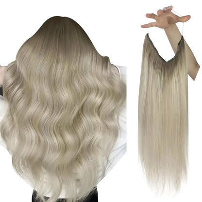 VeSunny Fish Line Human Hair Extension Wire Natural Hair OnePiece Invisible Wire Hair Weft with 2 Clips Machine Made Blonde Hair