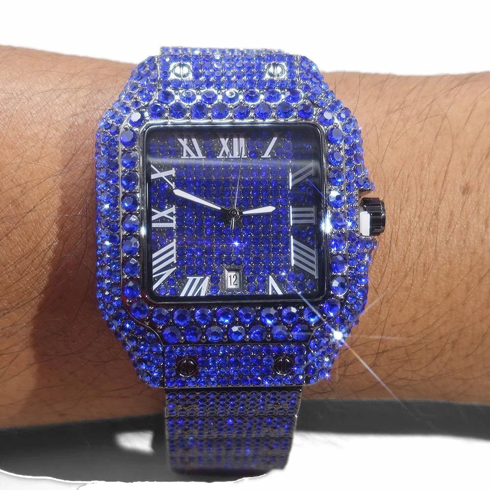New Blue Diamond Watch For Men Luxury Stainless Steel  Hip Hop Watches Unique Bling Ice Out Waterproof Wristwatch Man 2025 Hot ﻿