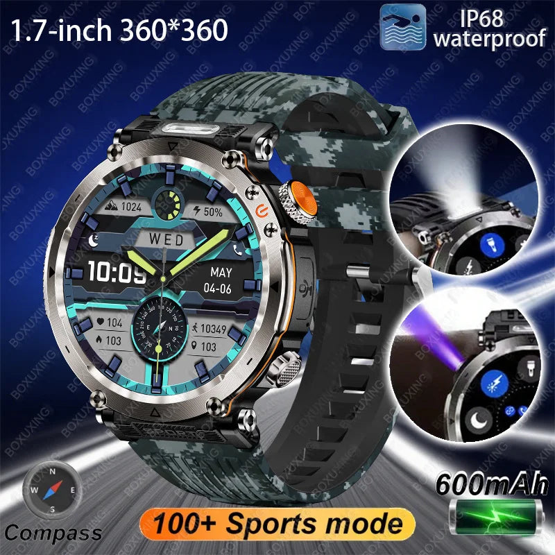 2025 New Outdoor Smart Watch Men 600mAh LED Flashlight SmartWatch Compass Bluetooth call Heart rate IP 68 Sports Smartwatch 2025