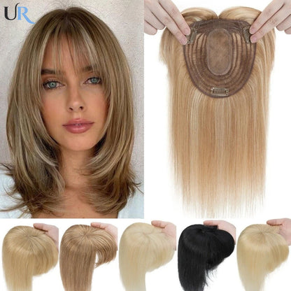 Hair Topper With Bangs Women 100% Human Hair Wigs Clip In Hairpieces Blonde Natural Straight Hair Topper Silk Base 35cm