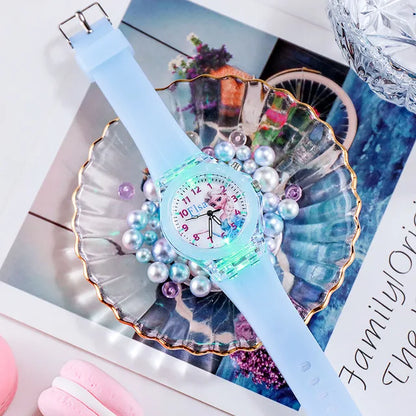 Disney Mickey Children Watches Girls Color Light Source Silicone Princess Elsa Kids Watch Boys Gift Wrist Clock