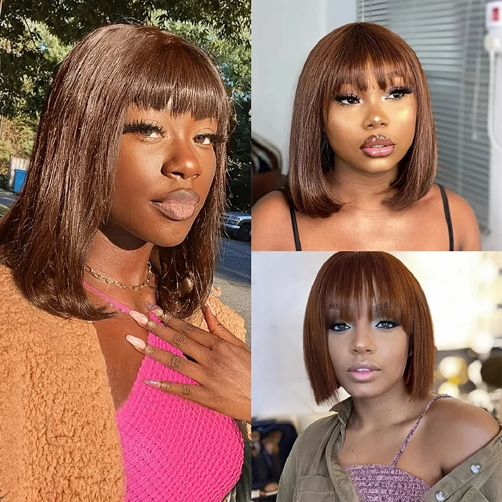 Short Bob Wig Human Hair With Bangs Straight Glueless Ready to Wear Go Wigs For Women Burgundy Machine Made Wig Brazilian Hair