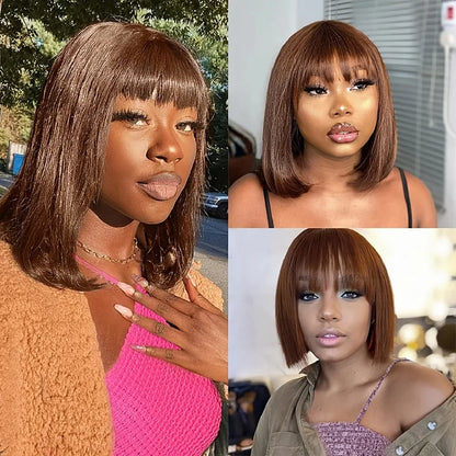 Short Bob Wig Human Hair With Bangs Straight Glueless Ready to Wear Go Wigs For Women Burgundy Machine Made Wig Brazilian Hair